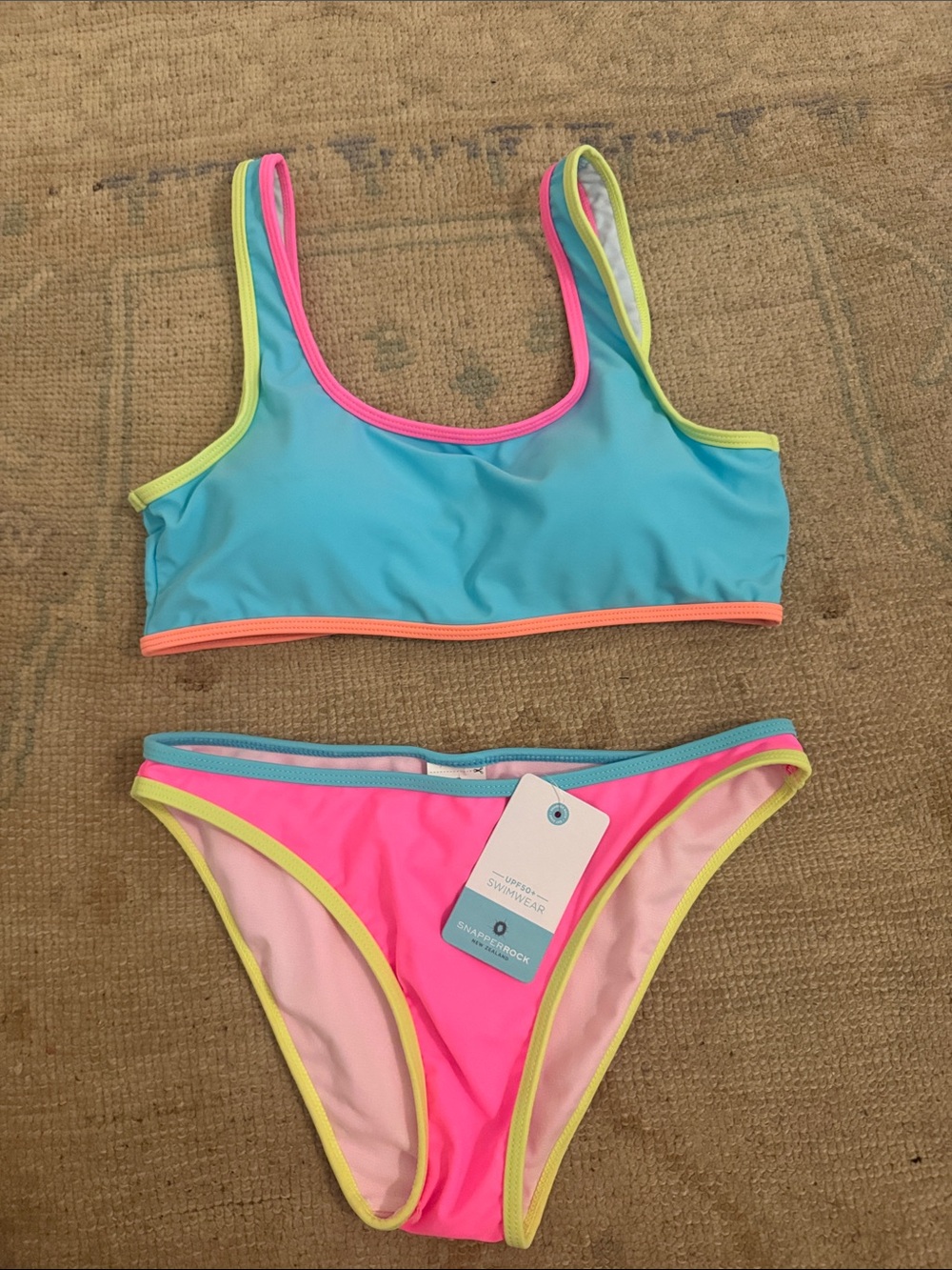 Snapper Rock Girls Two-Piece Swim Set in Blue, Pink & Neon Trim
